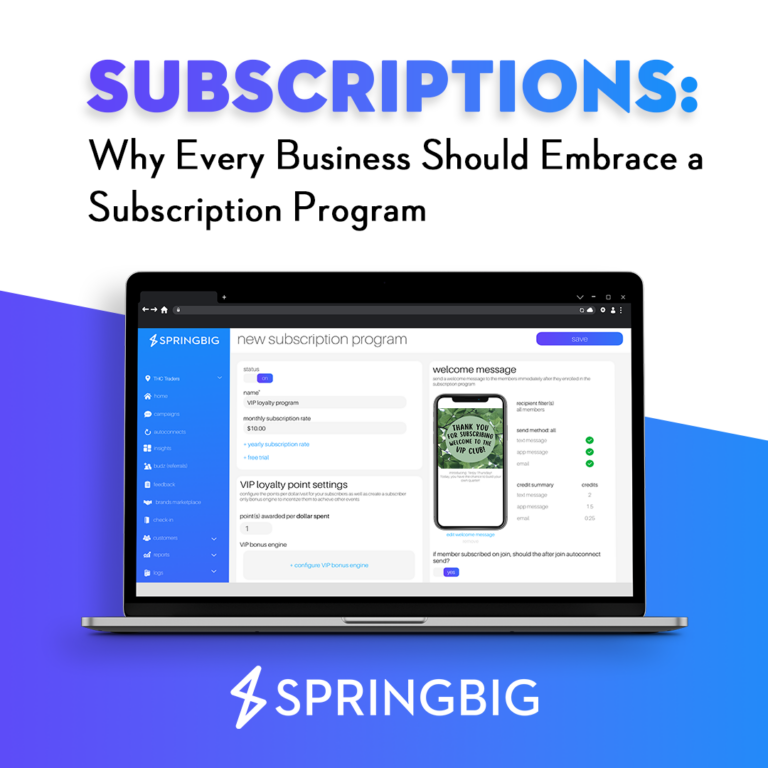 Subscriptions: Why Every Business Should Embrace a Subscription Program | Macbook Pro of Springbig Subscriptions page, with iPhone image