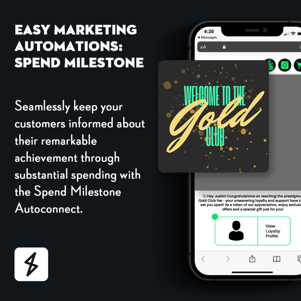 Springbig Spend Milestone Autoconnect stashboard highlighting the a members accomplishment to the gold tier.
