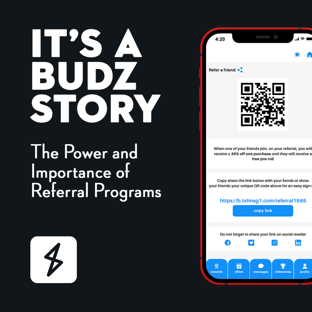 It's a Budz Story with an iPhone showing the refer a friend screen on the Springbig platform.