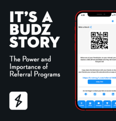 It's a Budz Story with an iPhone showing the refer a friend screen on the Springbig platform.