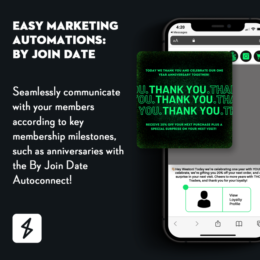 Springbig Stashboard displaying an Easy Marketing Automation. By Join Date Autoconnect